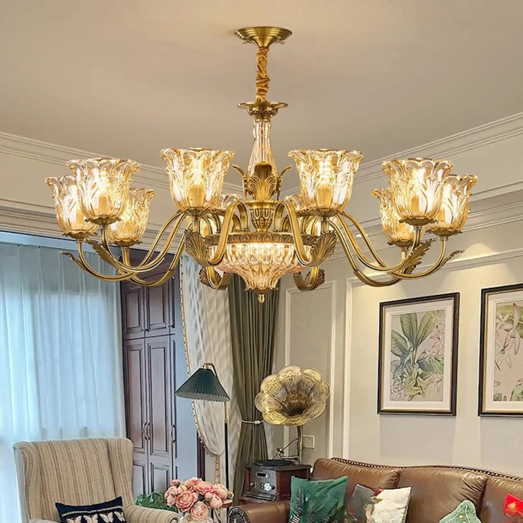 Gold Floral Glass Crystal Linear Modern Chandelier