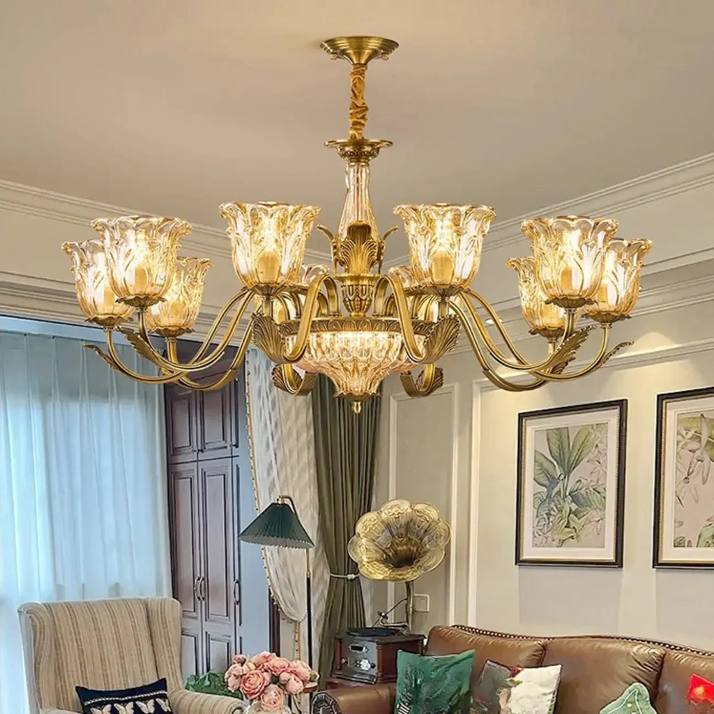 Gold Floral Glass Crystal Linear Modern Chandelier
