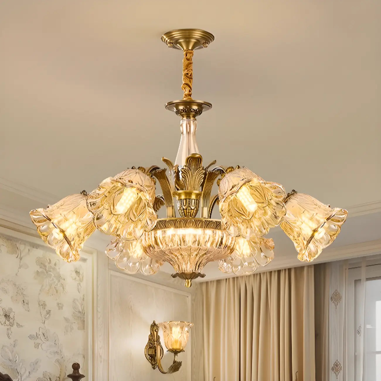 Gold Floral Glass Crystal Linear Modern Chandelier