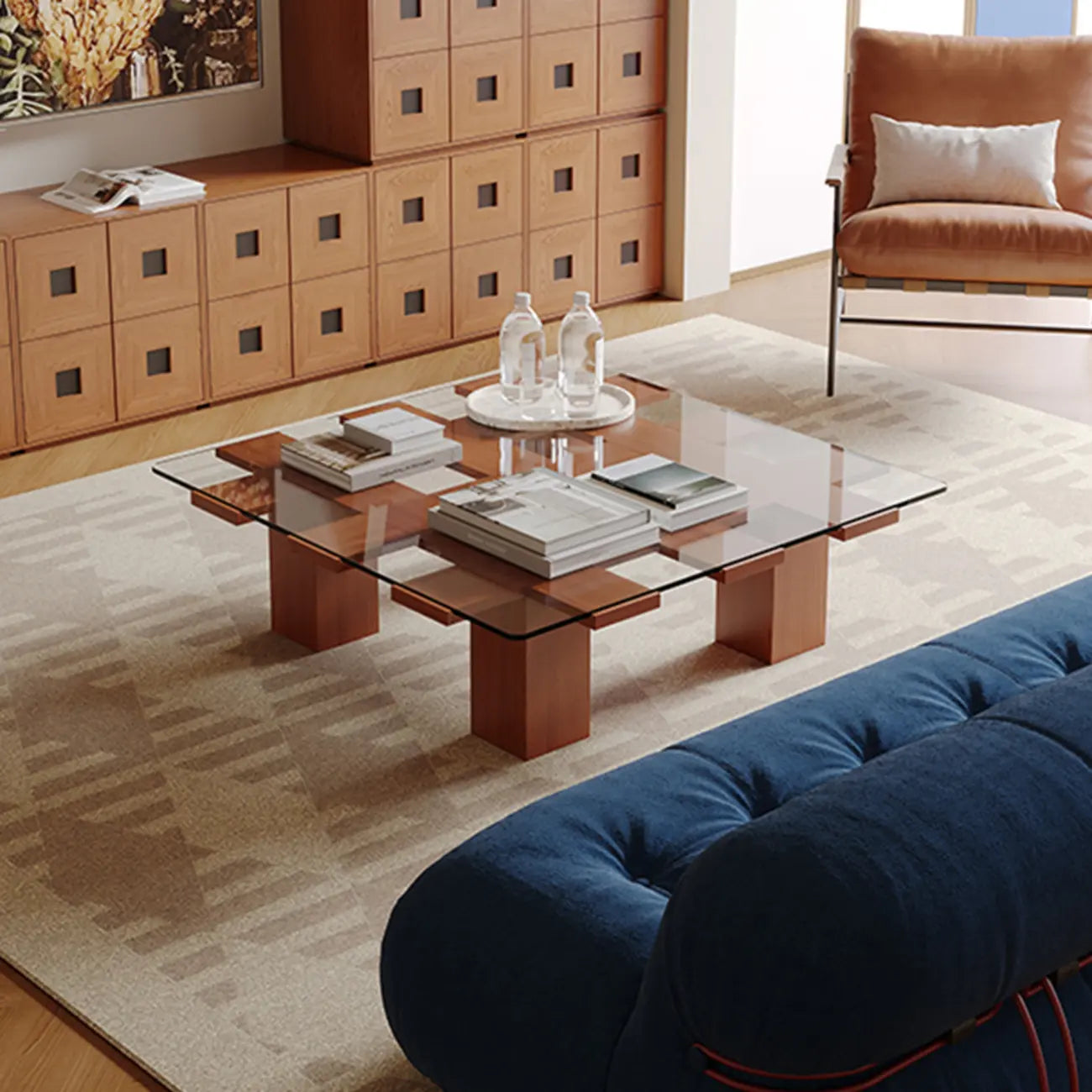 Square Modern Glass Wood Four Legs Coffee Table