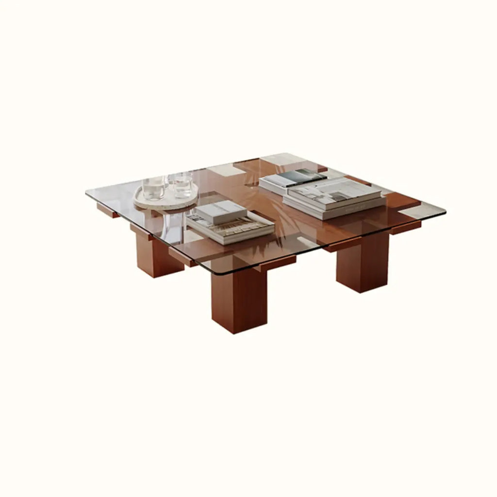 Square Modern Glass Wood Four Legs Coffee Table