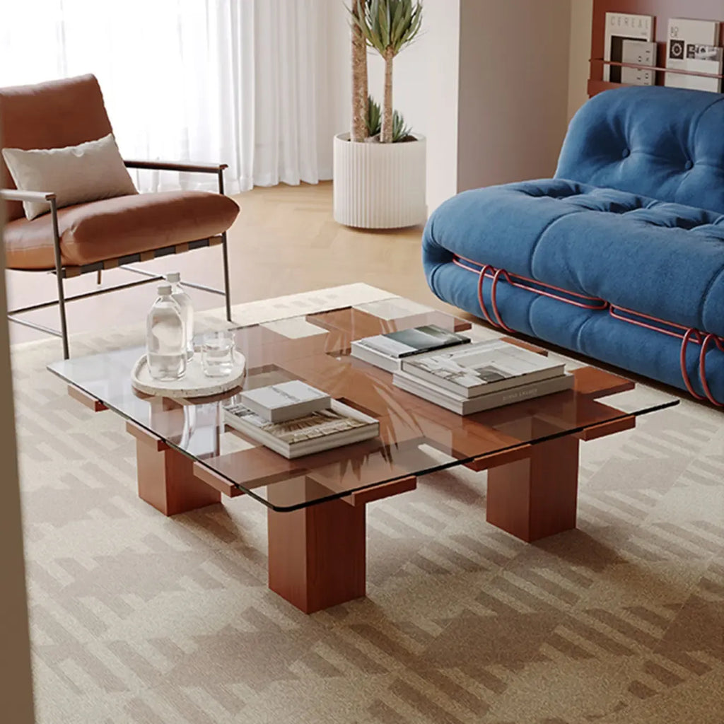 Square Modern Glass Wood Four Legs Coffee Table