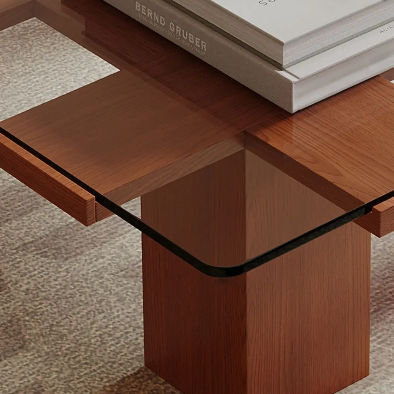 Square Modern Glass Wood Four Legs Coffee Table