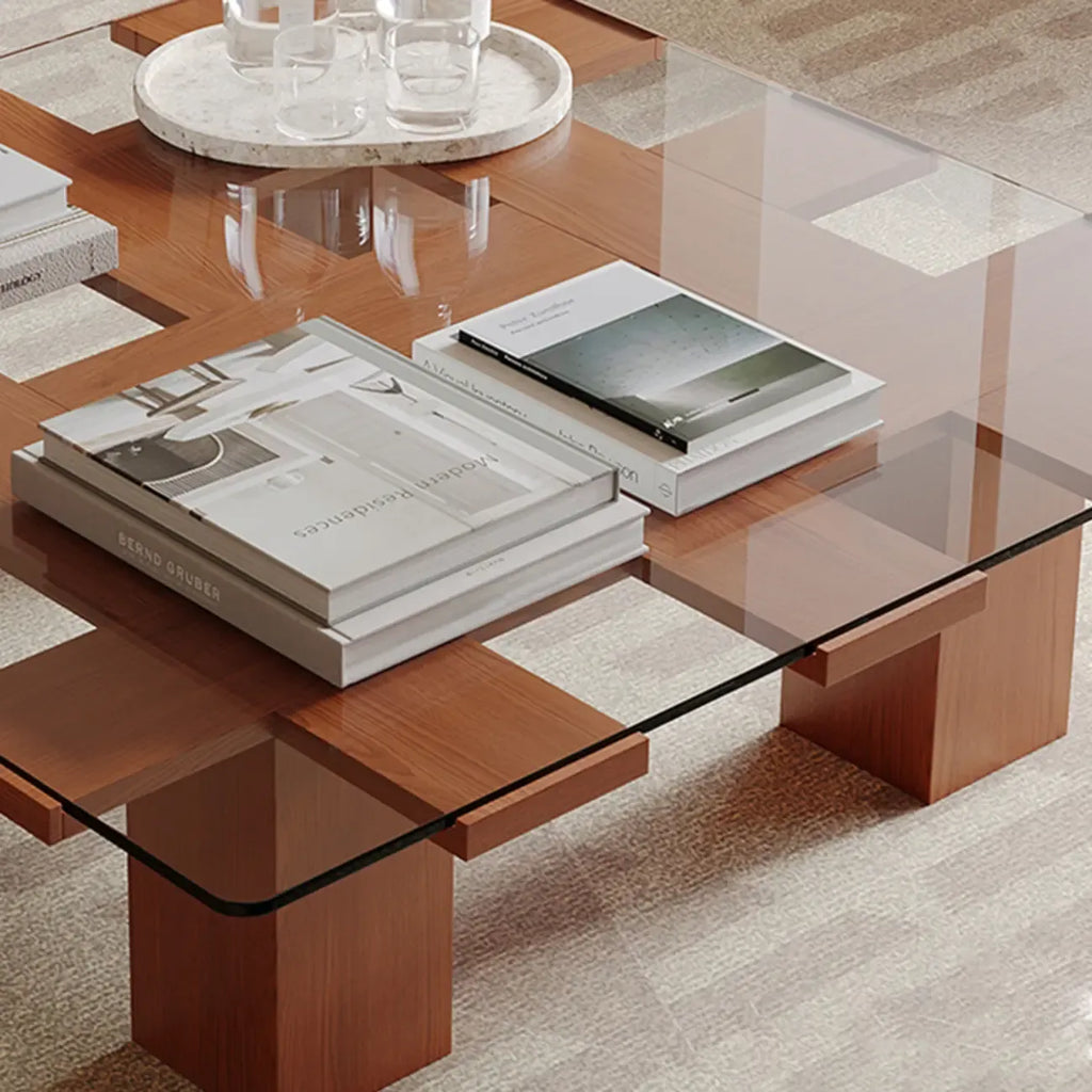 Square Modern Glass Wood Four Legs Coffee Table