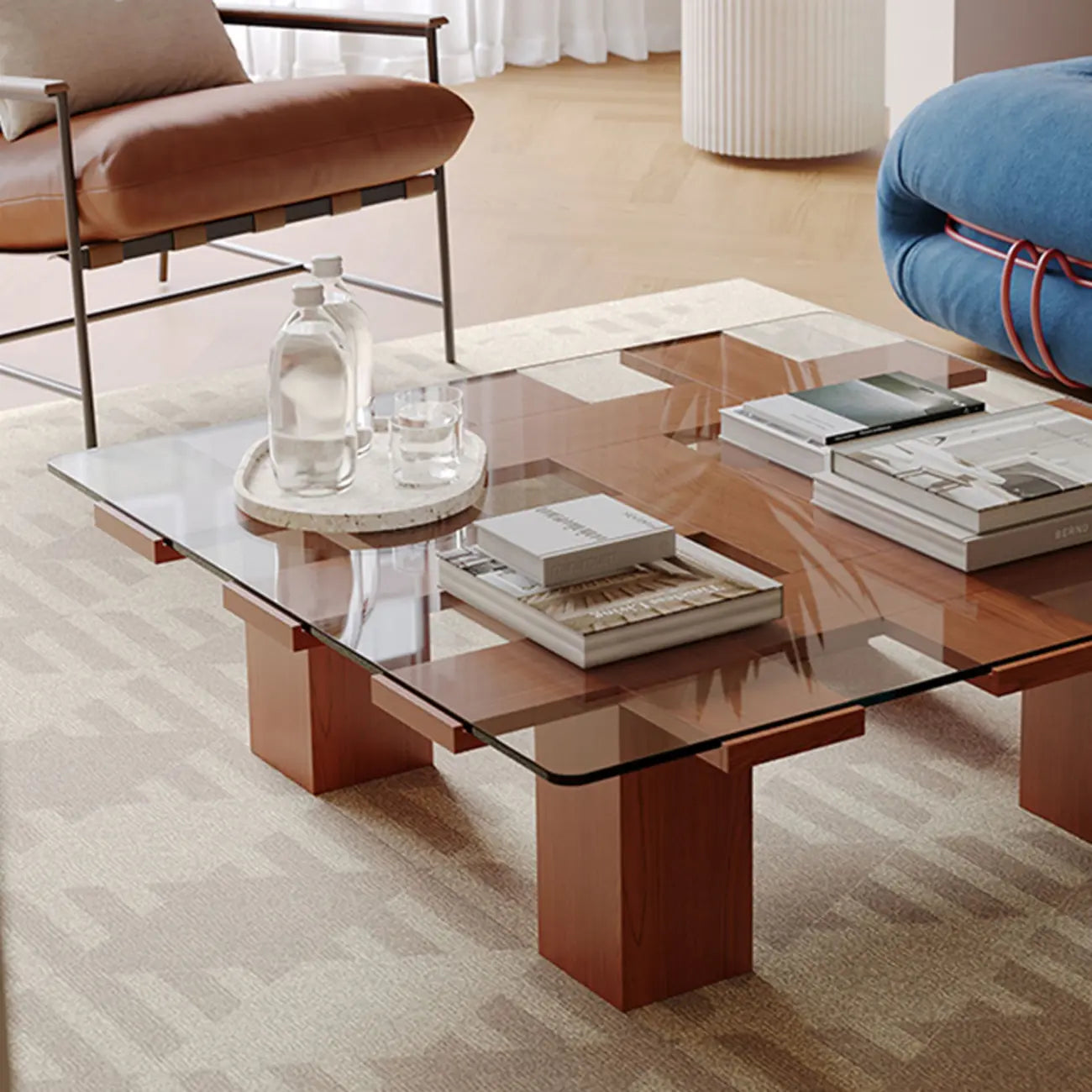 Square Modern Glass Wood Four Legs Coffee Table