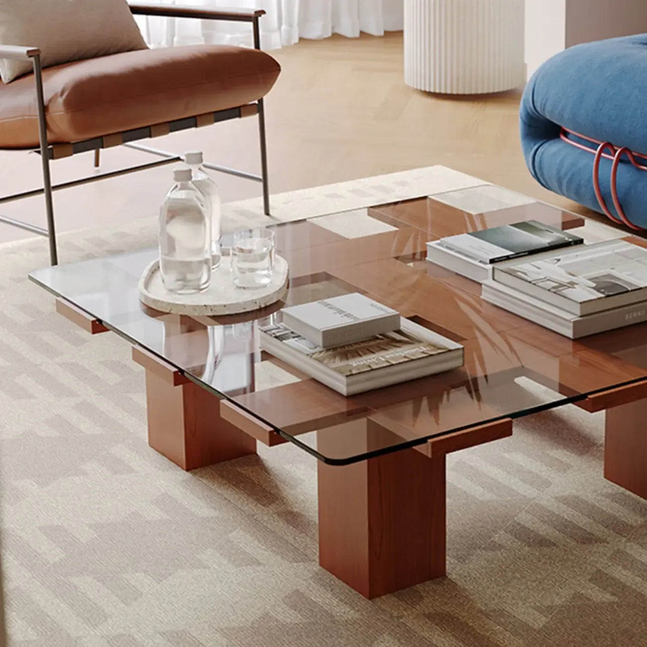 Square Modern Glass Wood Four Legs Coffee Table