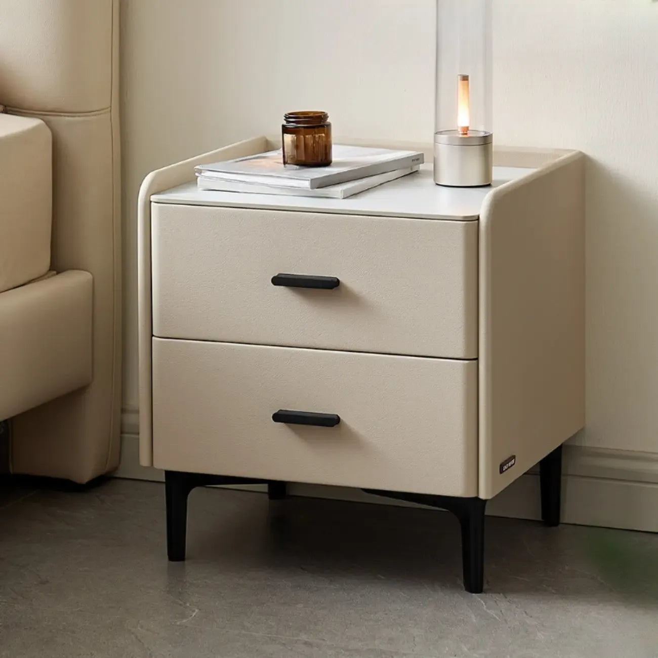 Elegant Modern Faux Leather Stone Top Nightstand