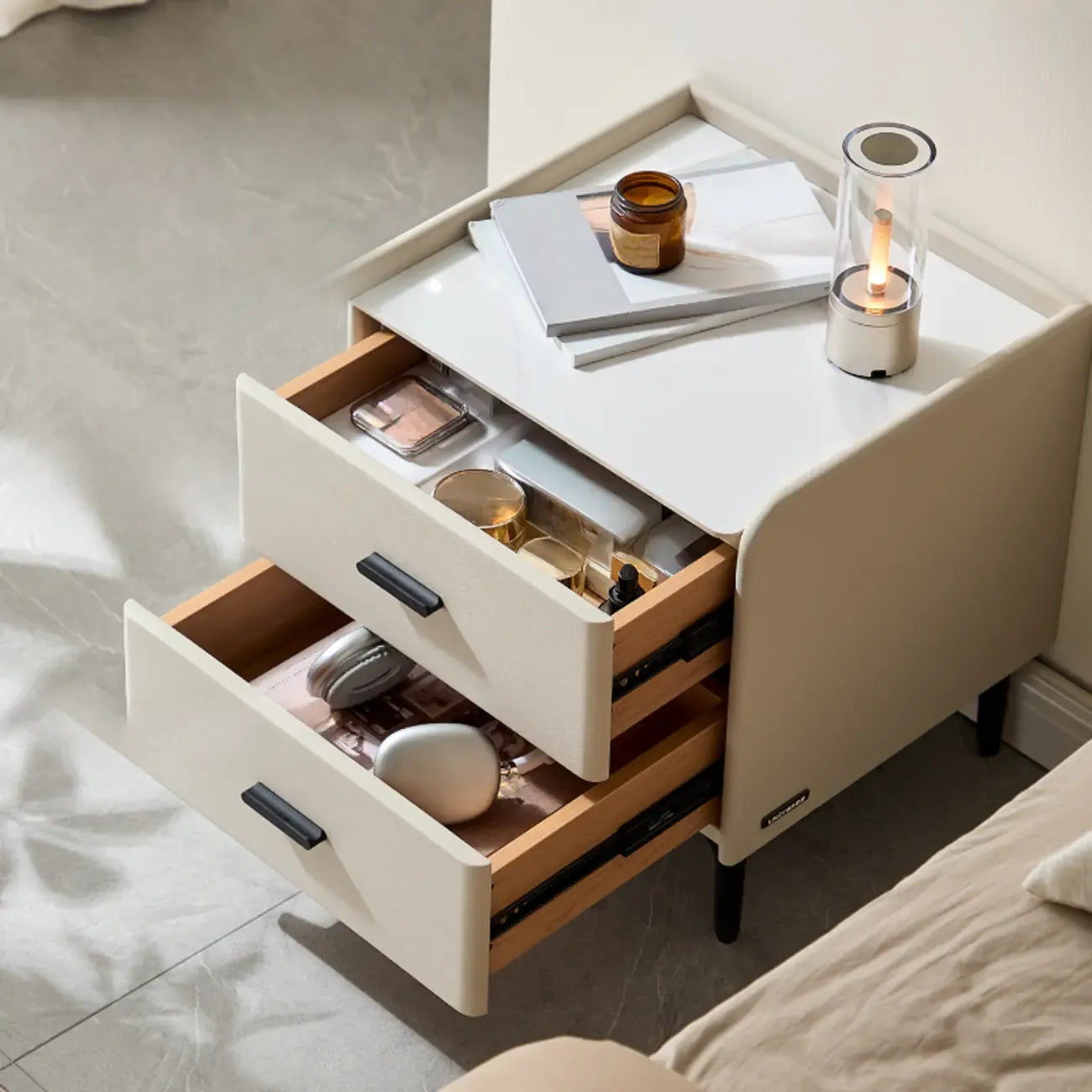 Elegant Modern Faux Leather Stone Top Nightstand