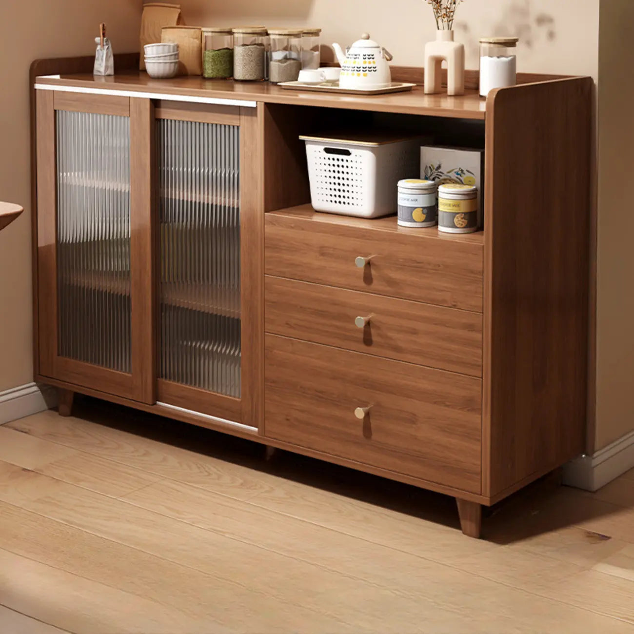 Modern Wood Sideboard with Sliding Doors & Drawers