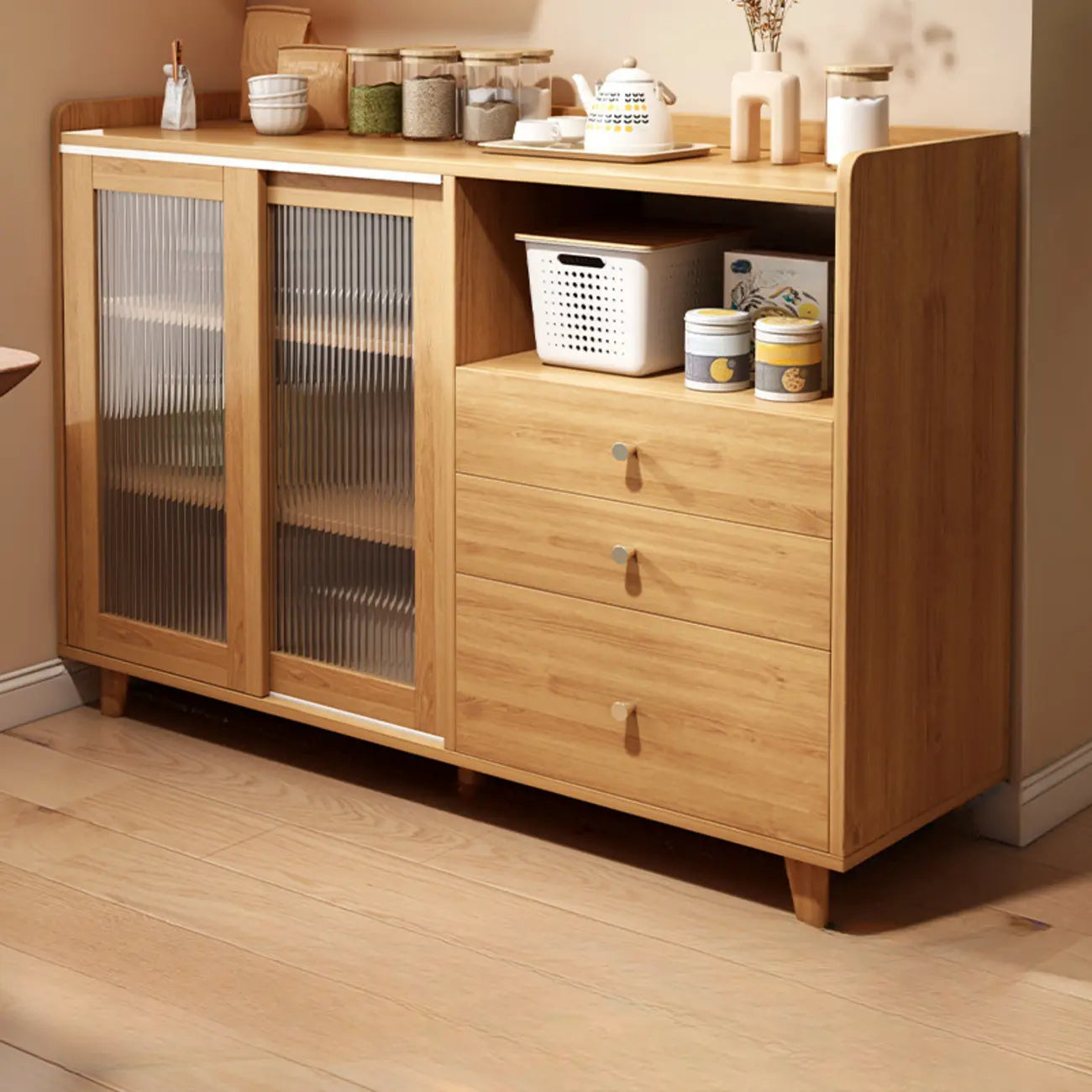 Modern Wood Sideboard with Sliding Doors & Drawers