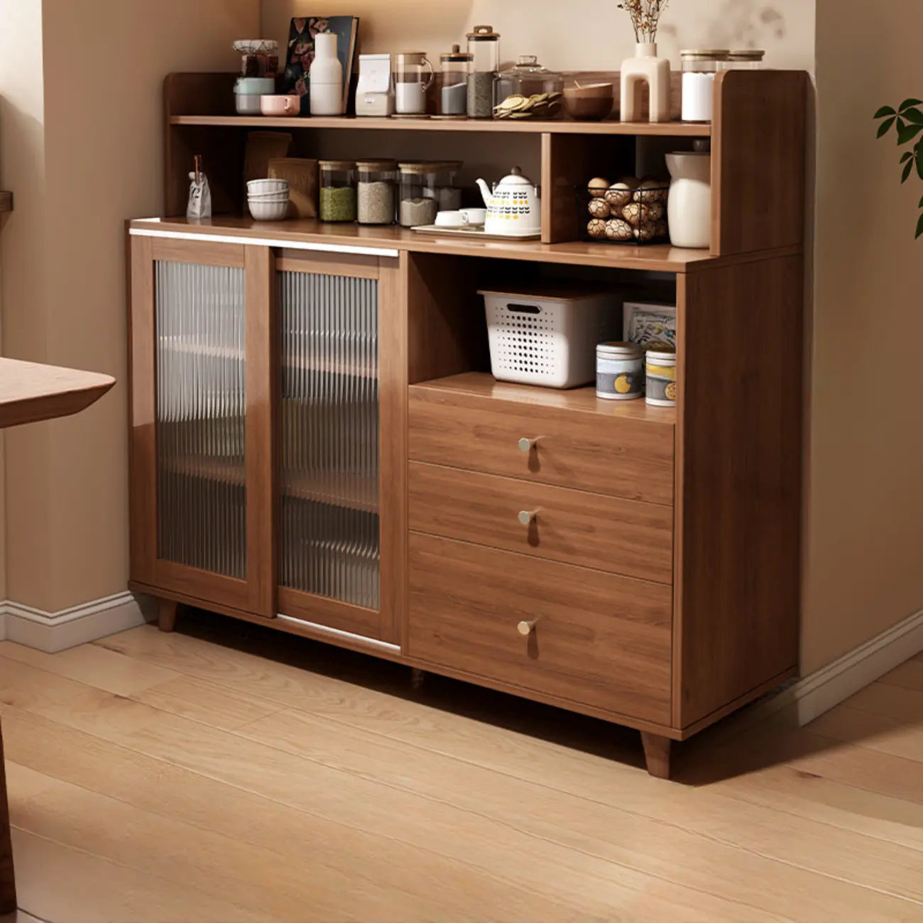 Modern Wood Sideboard with Sliding Doors & Drawers