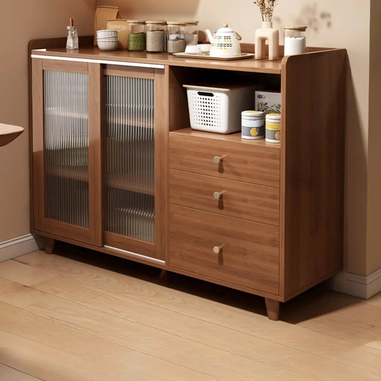 Modern Wood Sideboard with Sliding Doors & Drawers