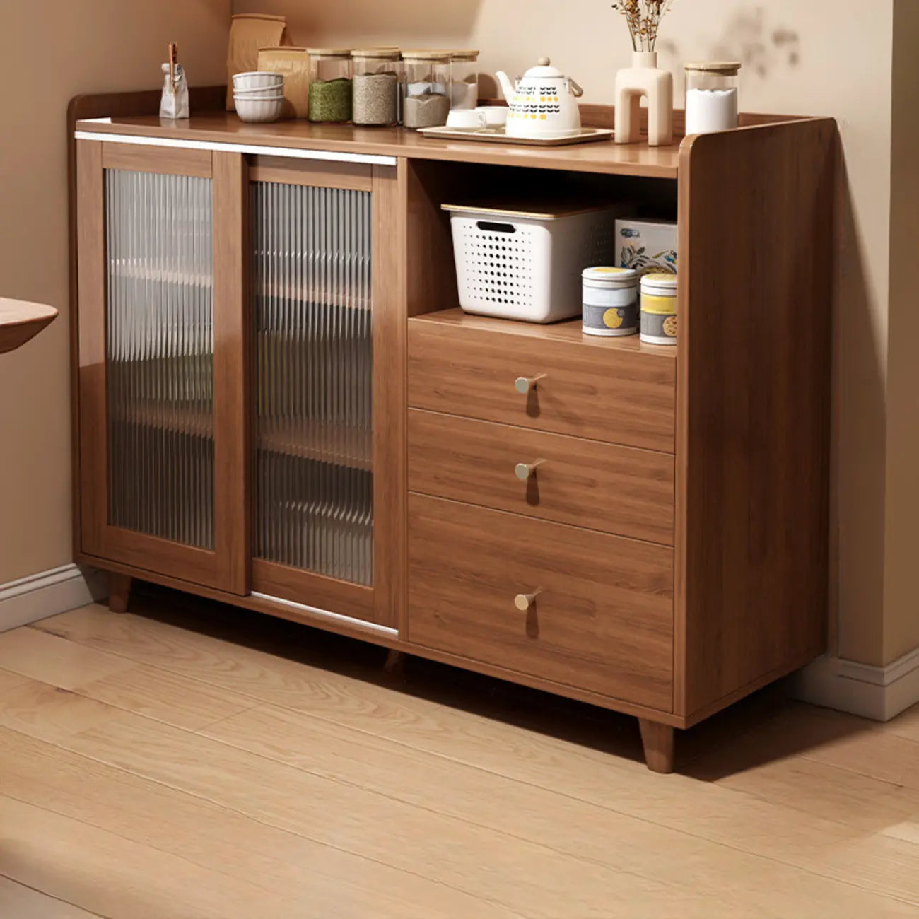 Modern Wood Sideboard with Sliding Doors & Drawers