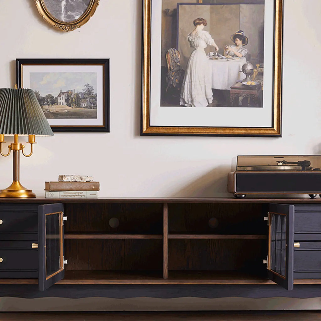 Cable Management Art Deco Wood TV Stand with Drawers