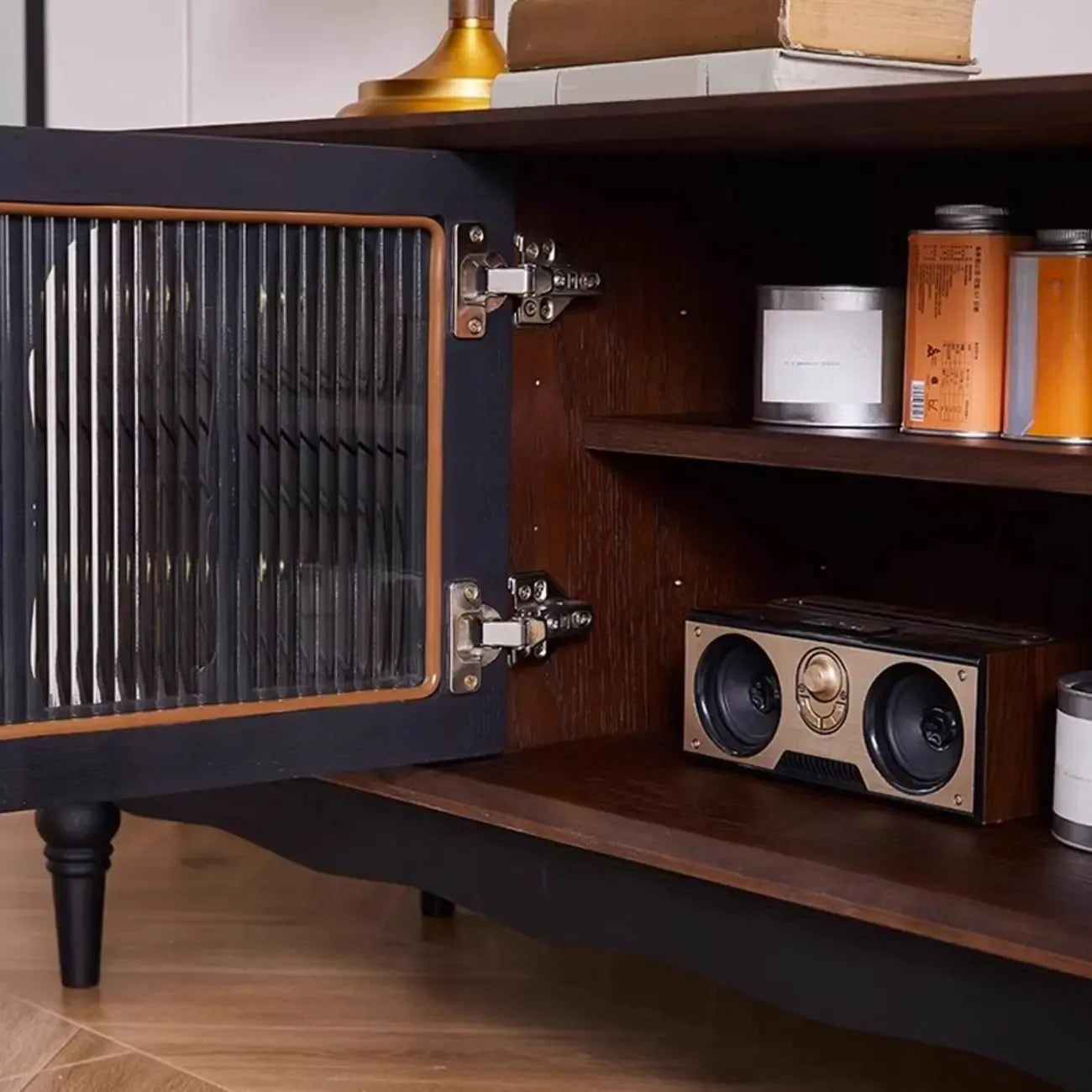 Cable Management Art Deco Wood TV Stand with Drawers