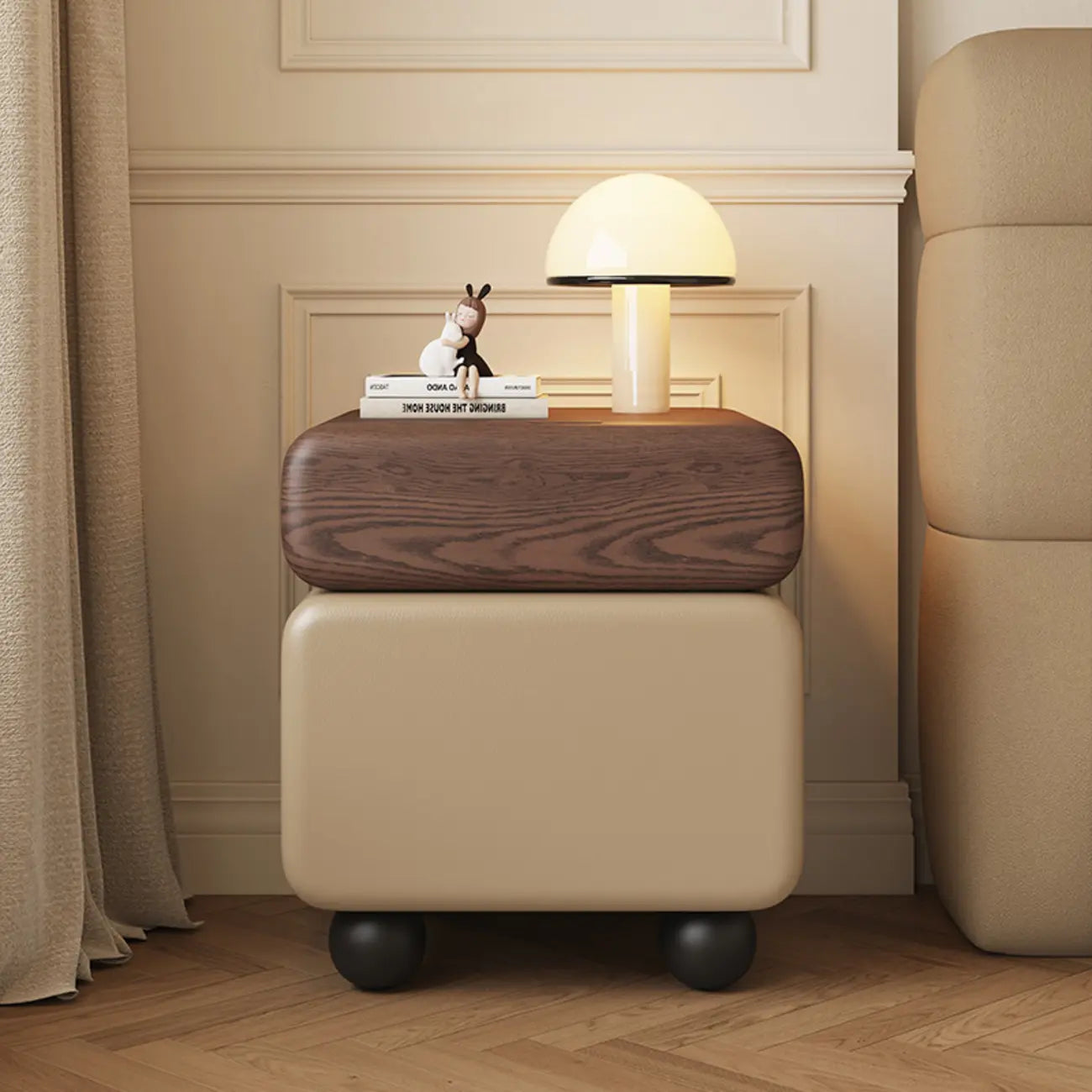 Modern Faux Leather Wood Nightstand Storage