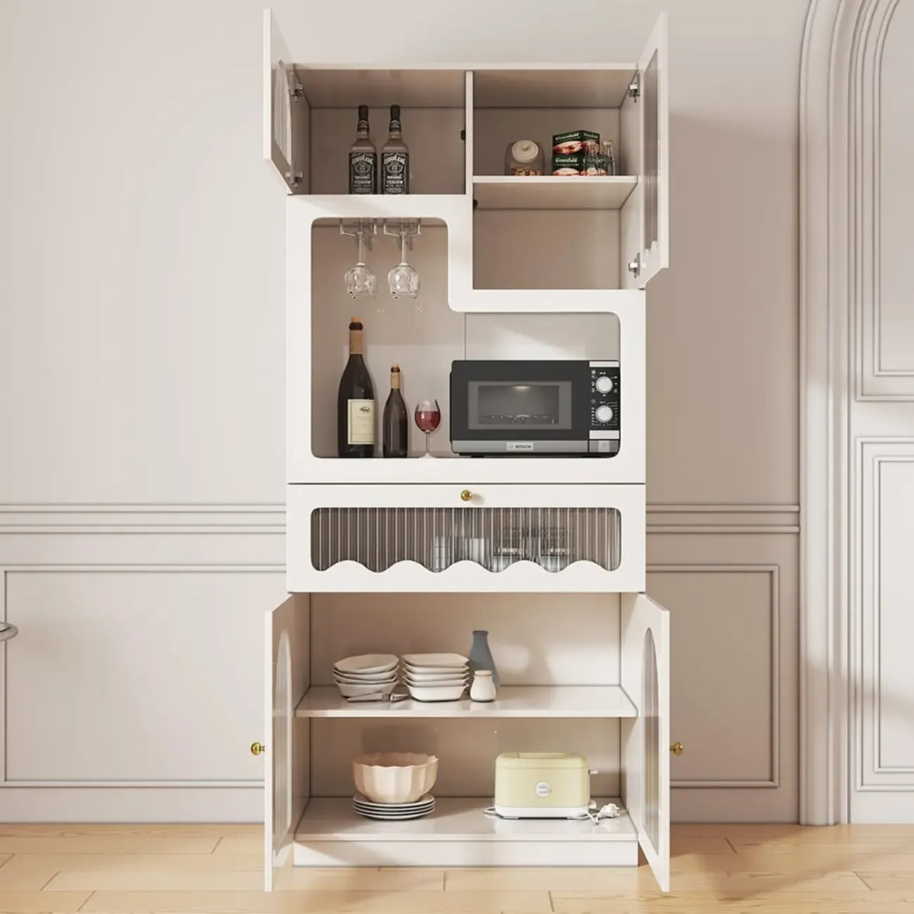 Tall White MDF Fluted Glass Doors Wine storage Sideboard