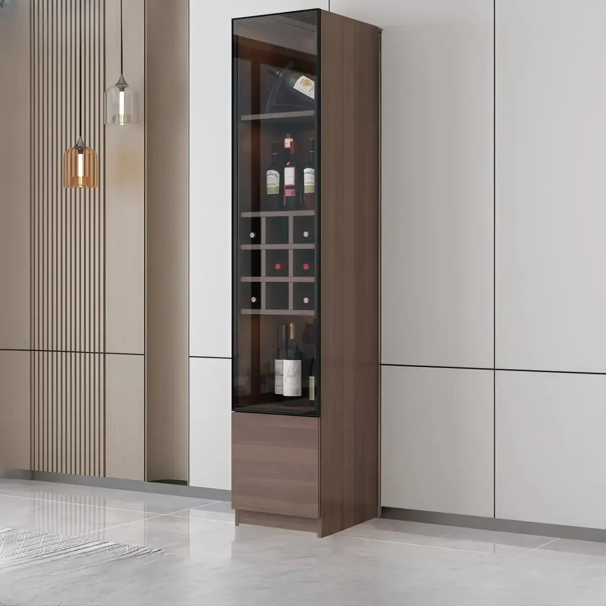 Traditional Wooden Brown Floor Wine Cabinet with Doors