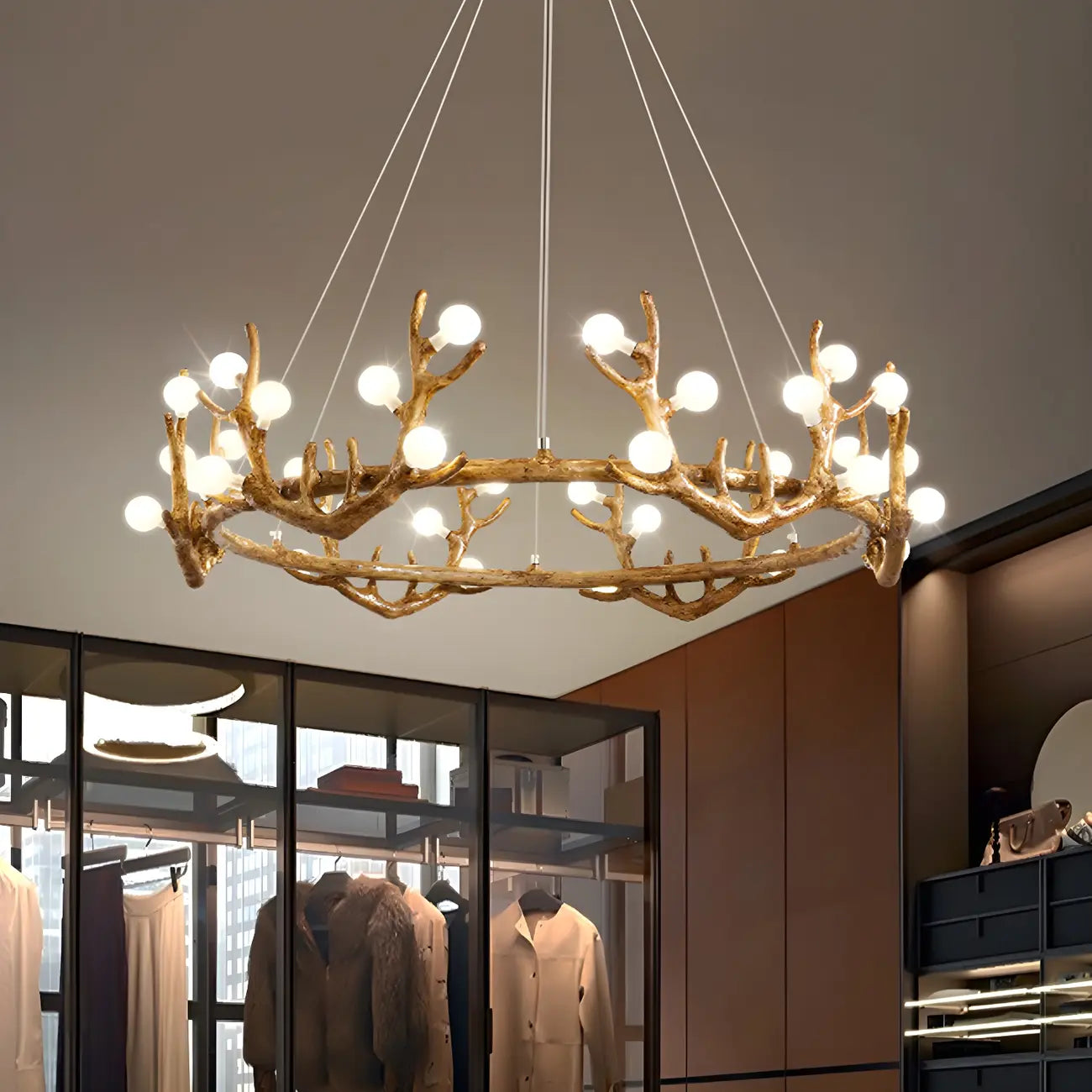 Resin Brown Nordic Antler Ring Frosted Orb Chandelier