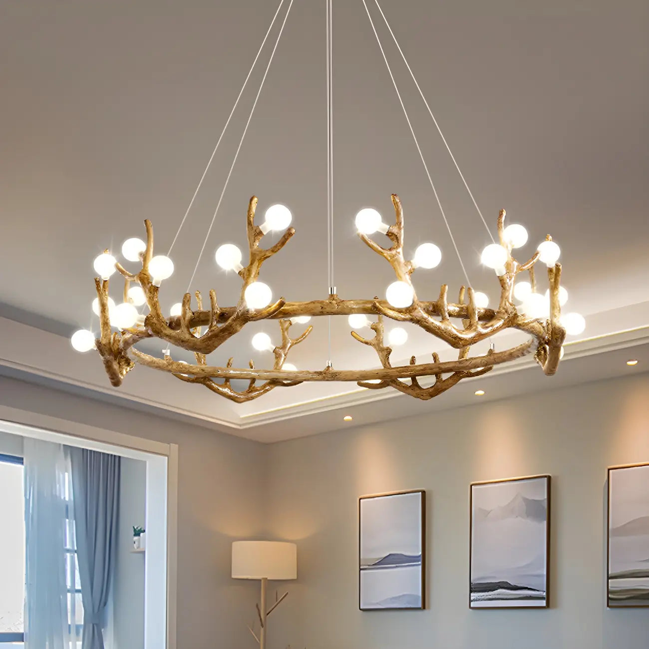 Resin Brown Nordic Antler Ring Frosted Orb Chandelier