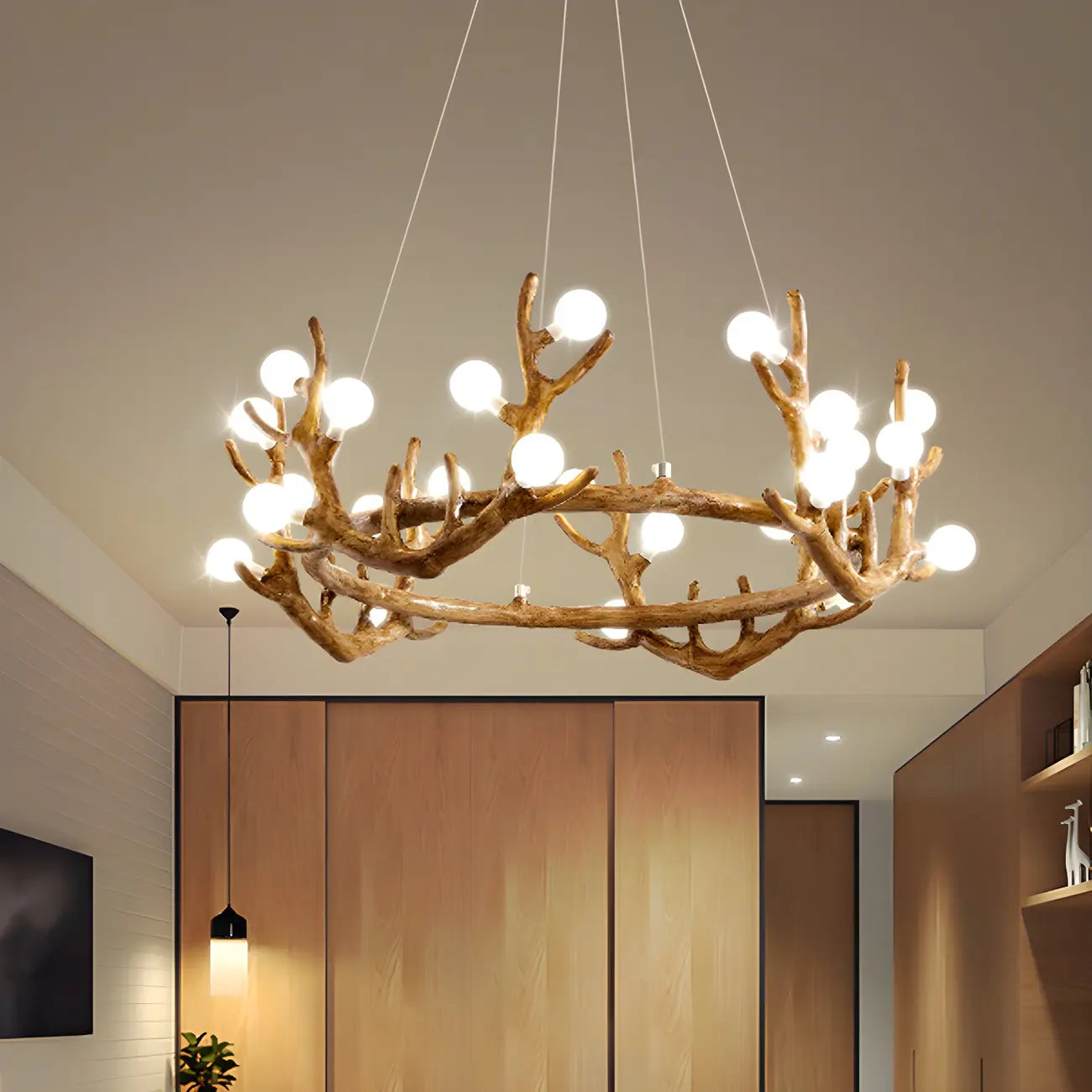 Resin Brown Nordic Antler Ring Frosted Orb Chandelier