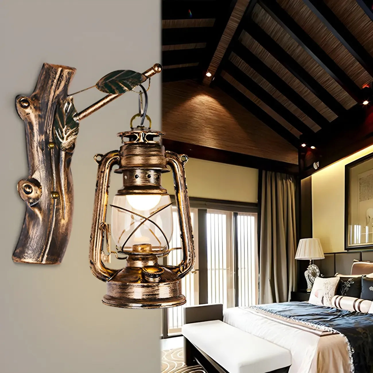 Industrial Bronze LED Lantern Wall Sconce for Bedroom Decor