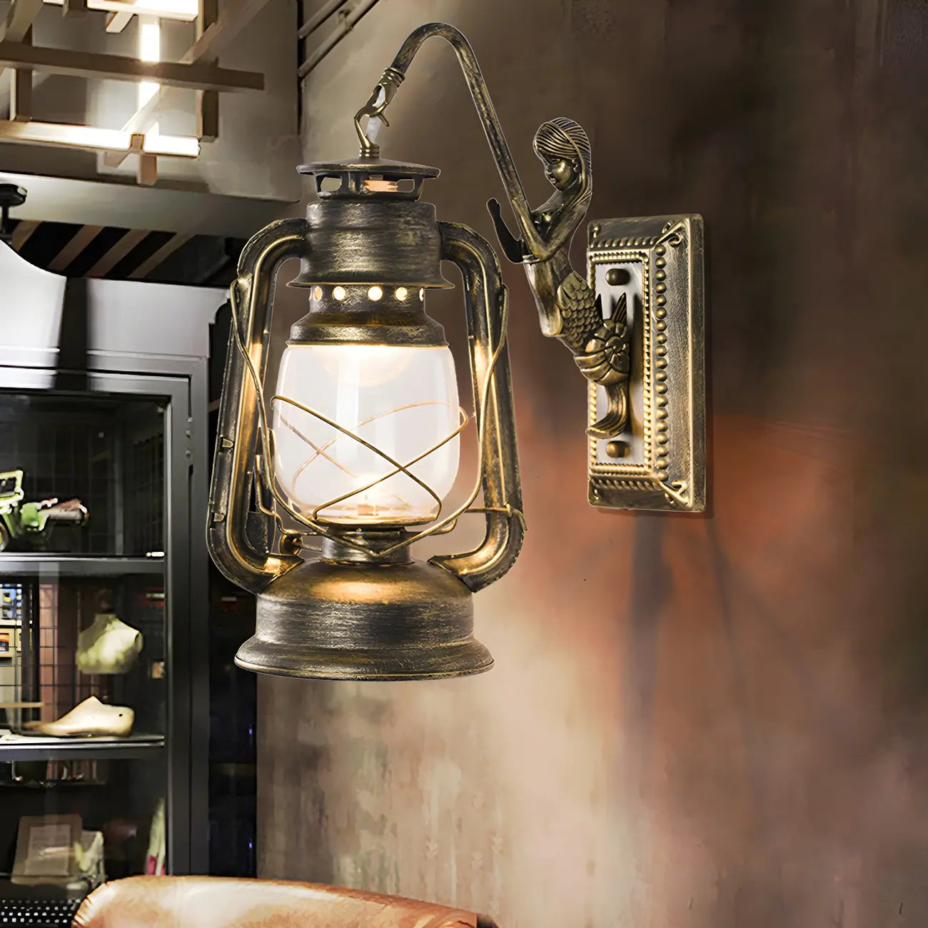 Industrial Bronze LED Lantern Wall Sconce for Bedroom Decor