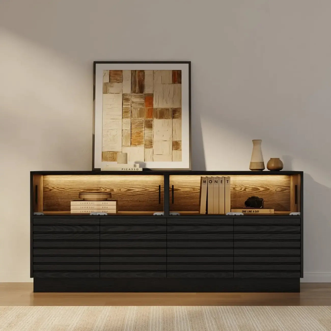 Modern Black Rectangular Wooden LED TV Stand
