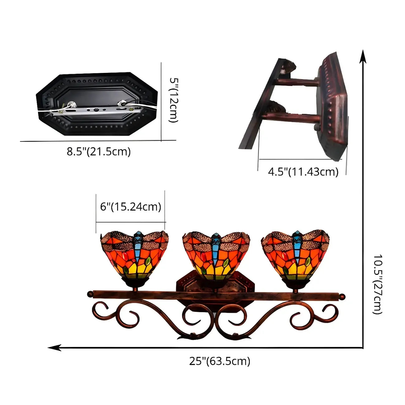 3-Light Orange Stained Glass Colorful Wall Light Dome Shape