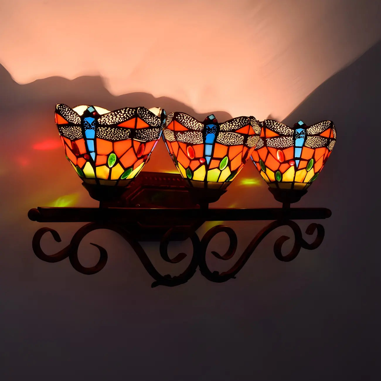 3-Light Orange Stained Glass Colorful Wall Light Dome Shape