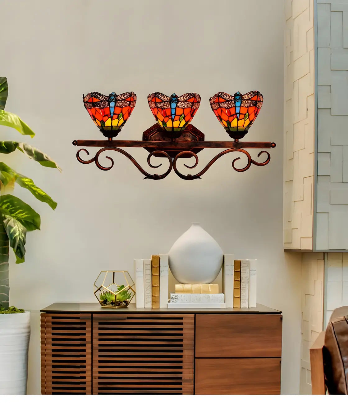 3-Light Orange Stained Glass Colorful Wall Light Dome Shape