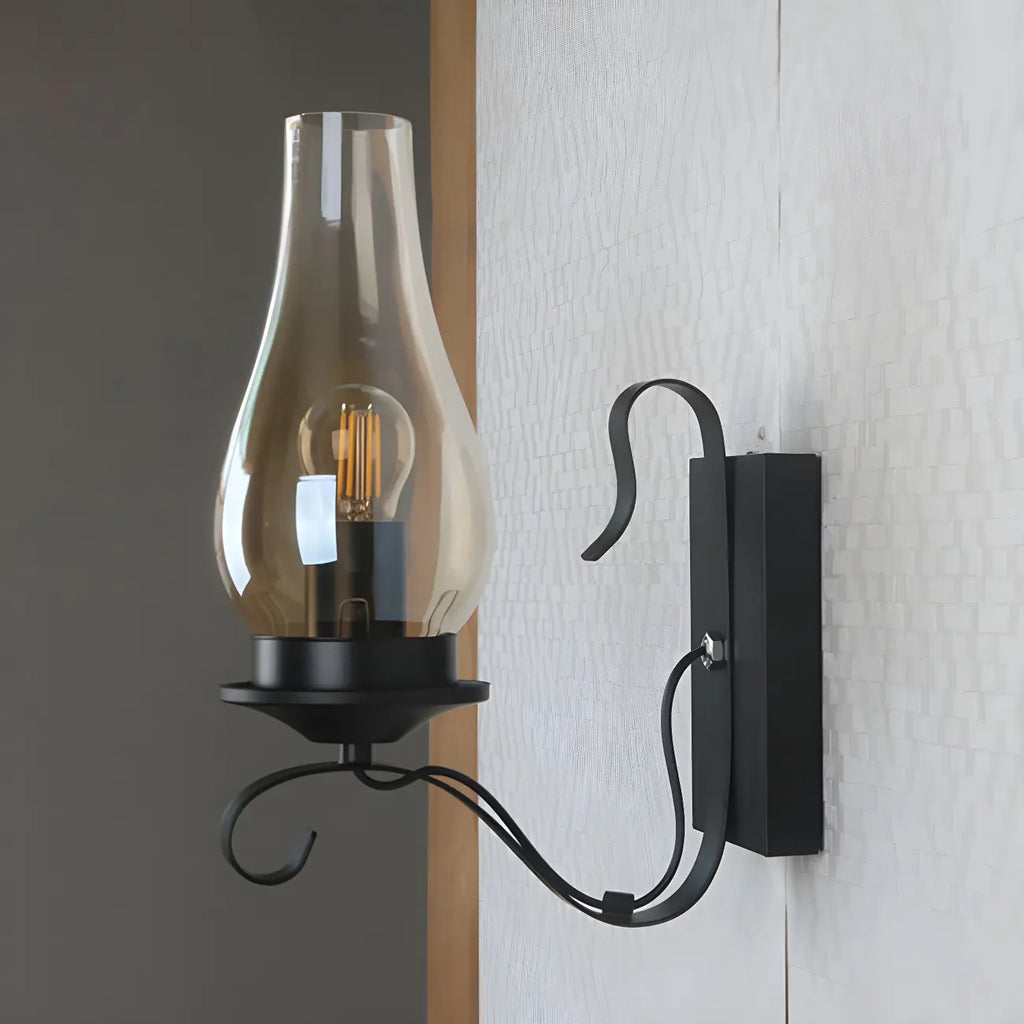 12 Industrial Black Wall Sconce with Amber Shade & LED