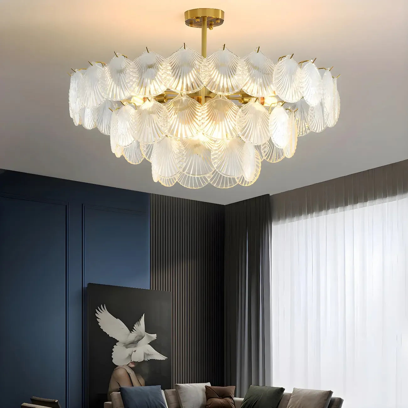 Adjustable Elegant Gold Unique Layered Scallop Glass Chandelier