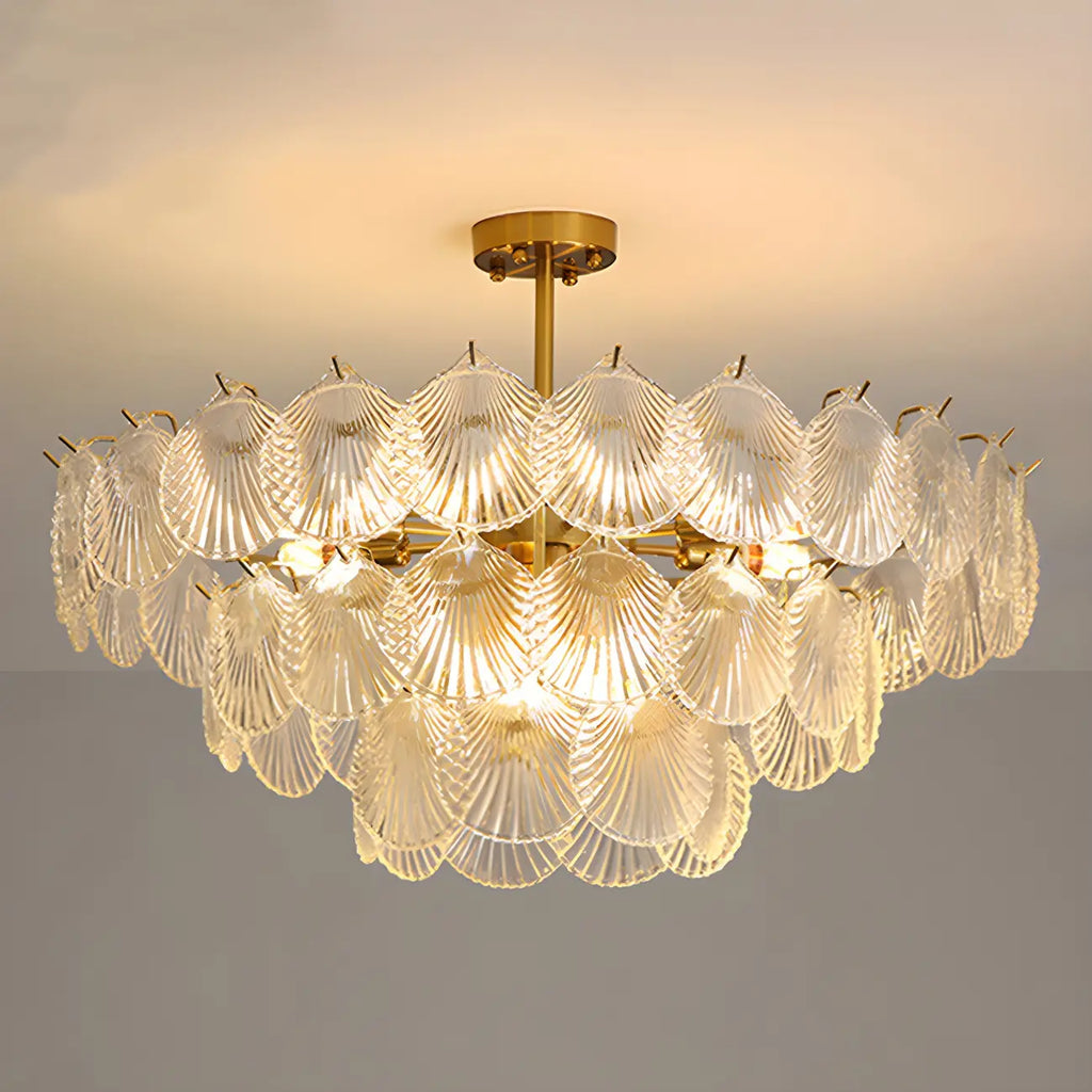 Adjustable Elegant Gold Unique Layered Scallop Glass Chandelier