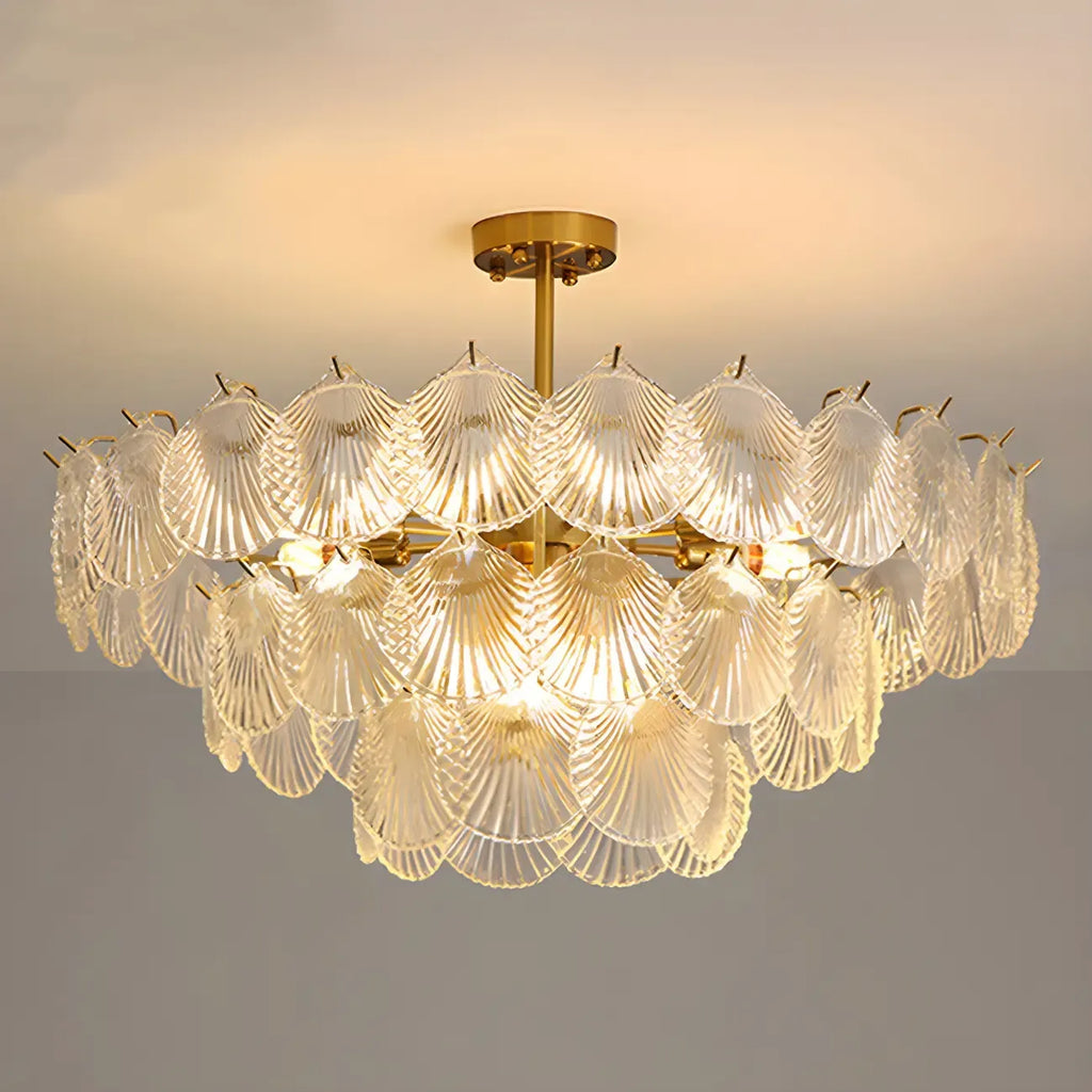 Adjustable Elegant Gold Unique Layered Scallop Glass Chandelier
