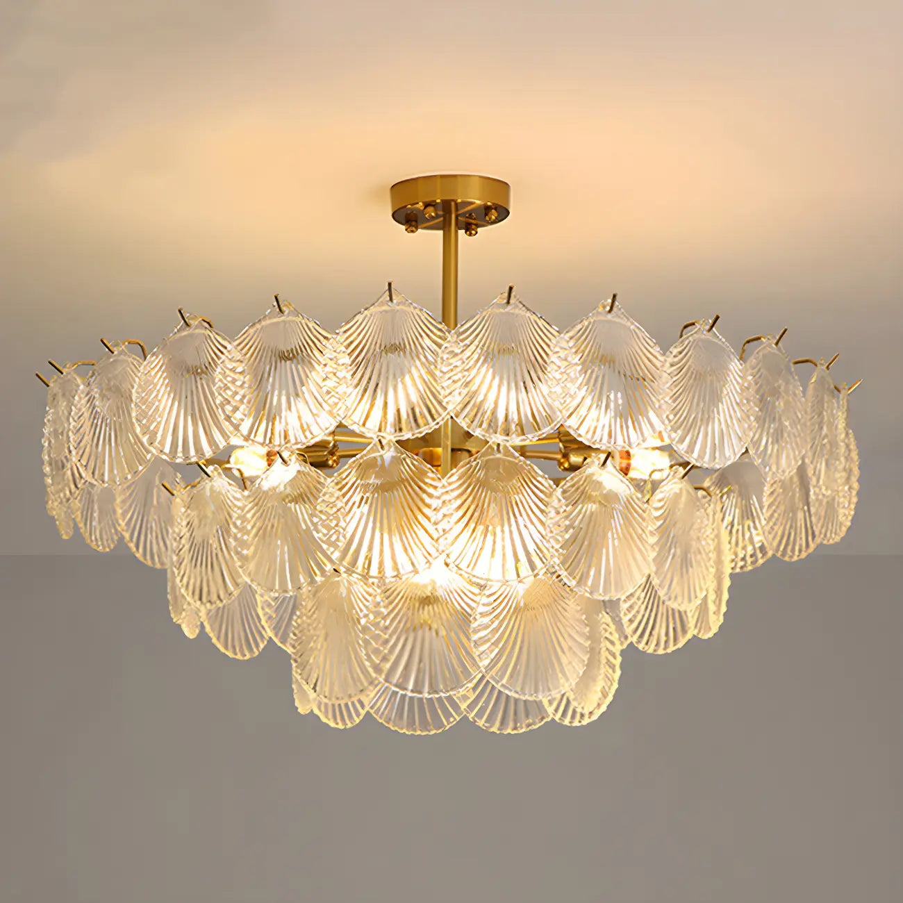 Adjustable Elegant Gold Unique Layered Scallop Glass Chandelier