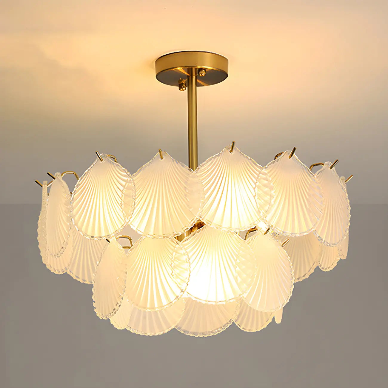 Adjustable Elegant Gold Unique Layered Scallop Glass Chandelier