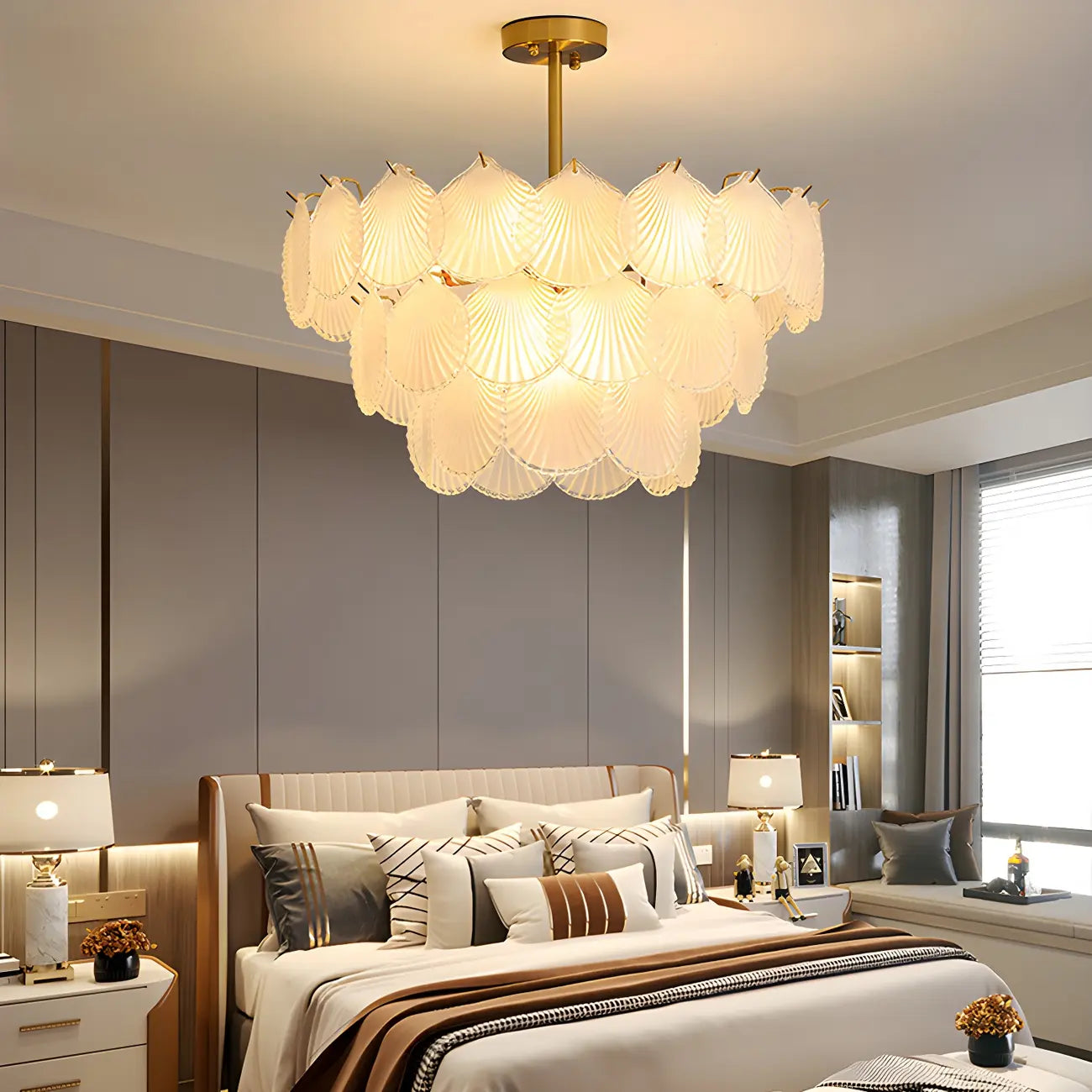 Adjustable Elegant Gold Unique Layered Scallop Glass Chandelier