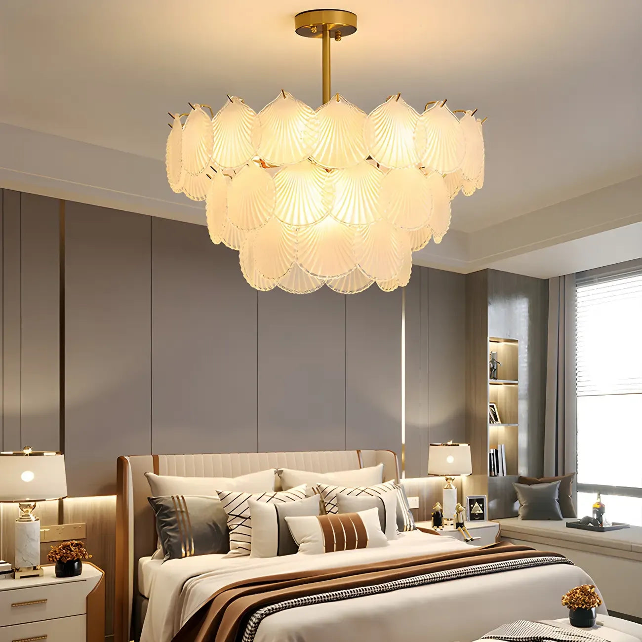 Adjustable Elegant Gold Unique Layered Scallop Glass Chandelier