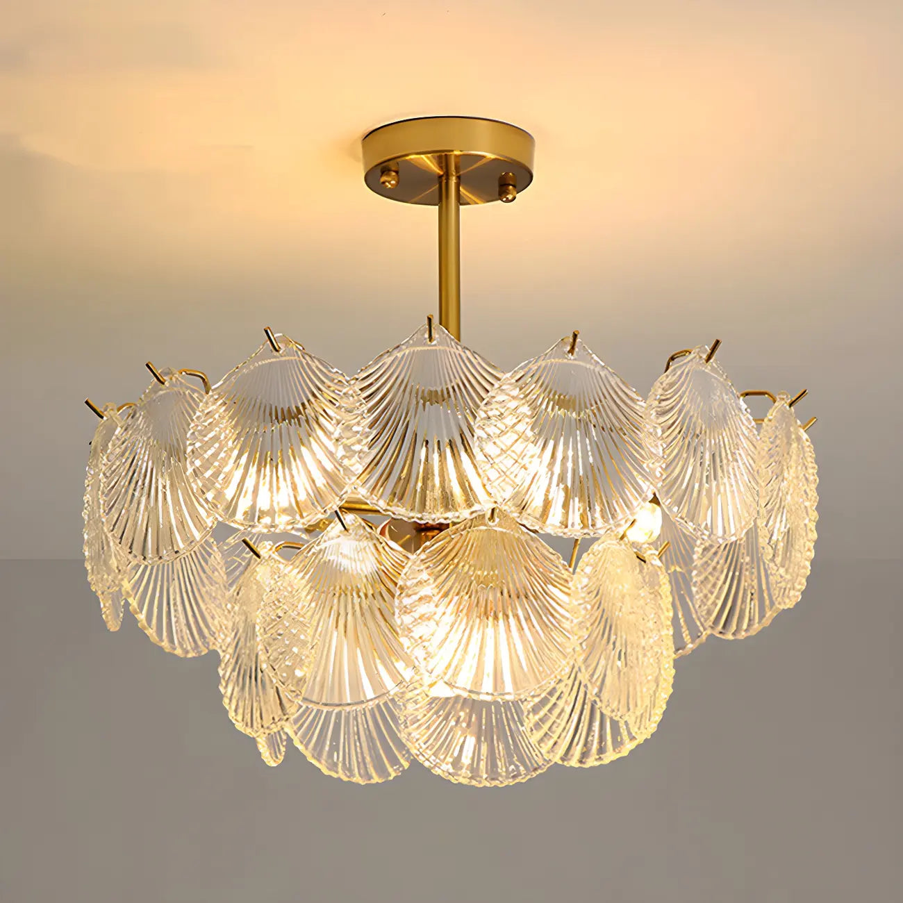 Adjustable Elegant Gold Unique Layered Scallop Glass Chandelier