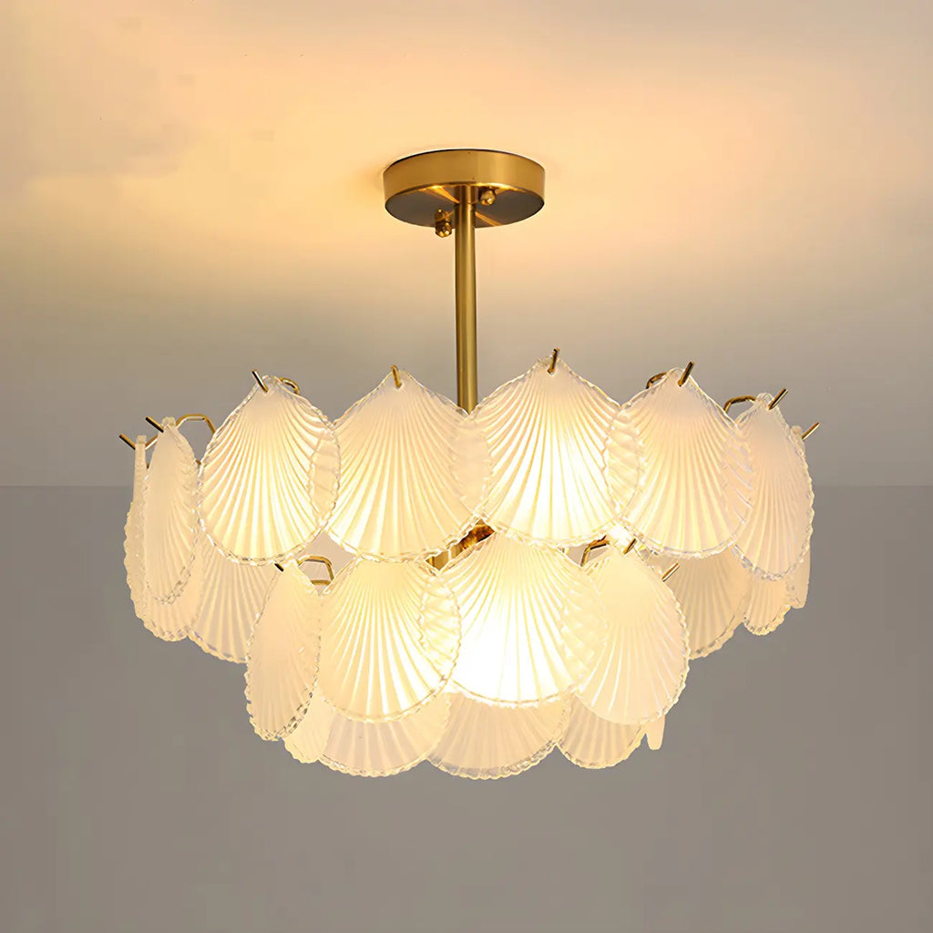 Adjustable Elegant Gold Unique Layered Scallop Glass Chandelier