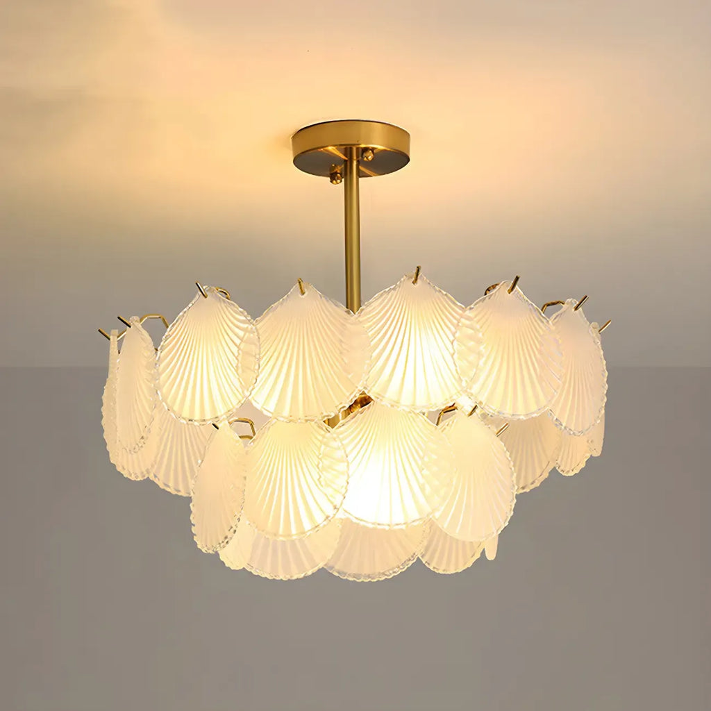 Adjustable Elegant Gold Unique Layered Scallop Glass Chandelier