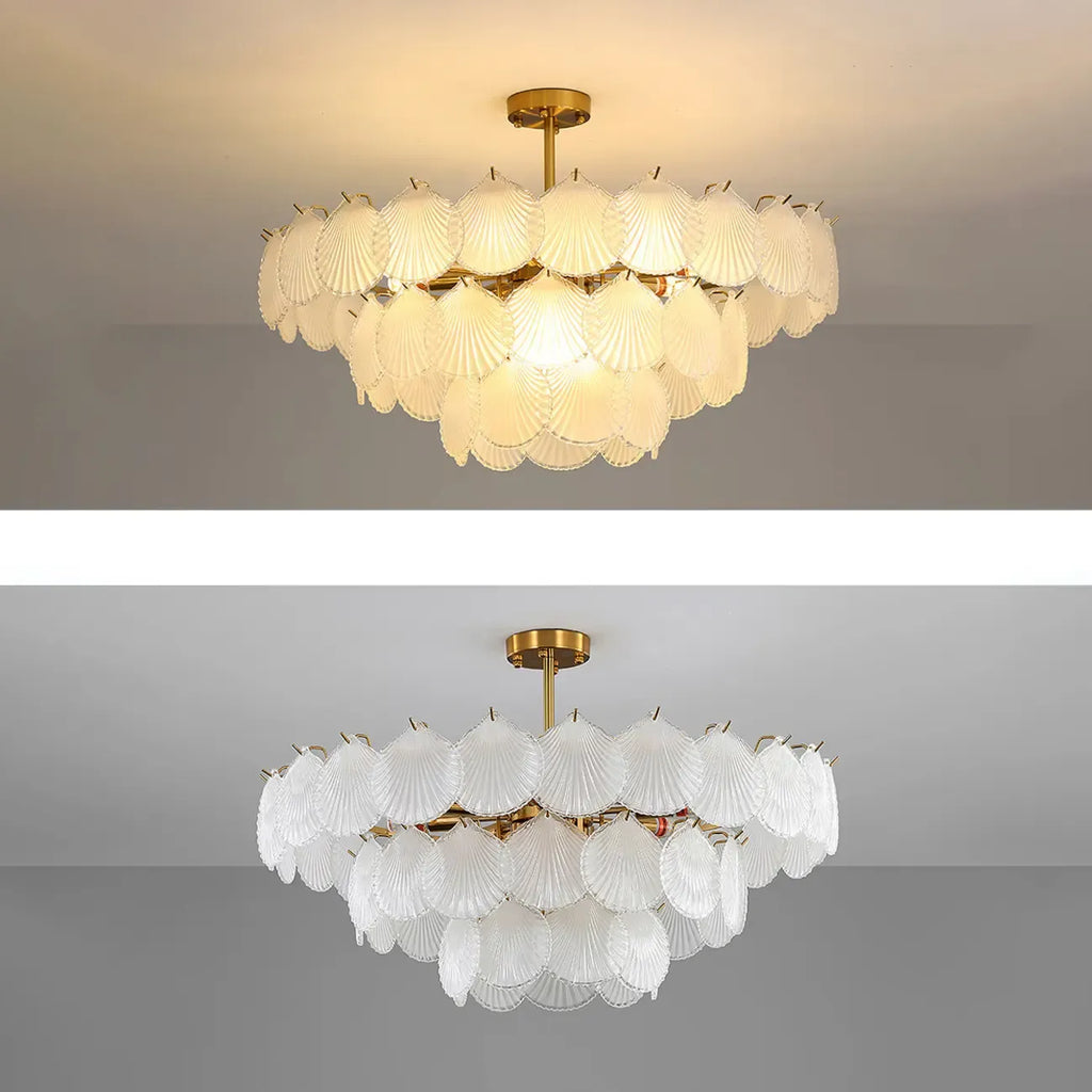 Adjustable Elegant Gold Unique Layered Scallop Glass Chandelier