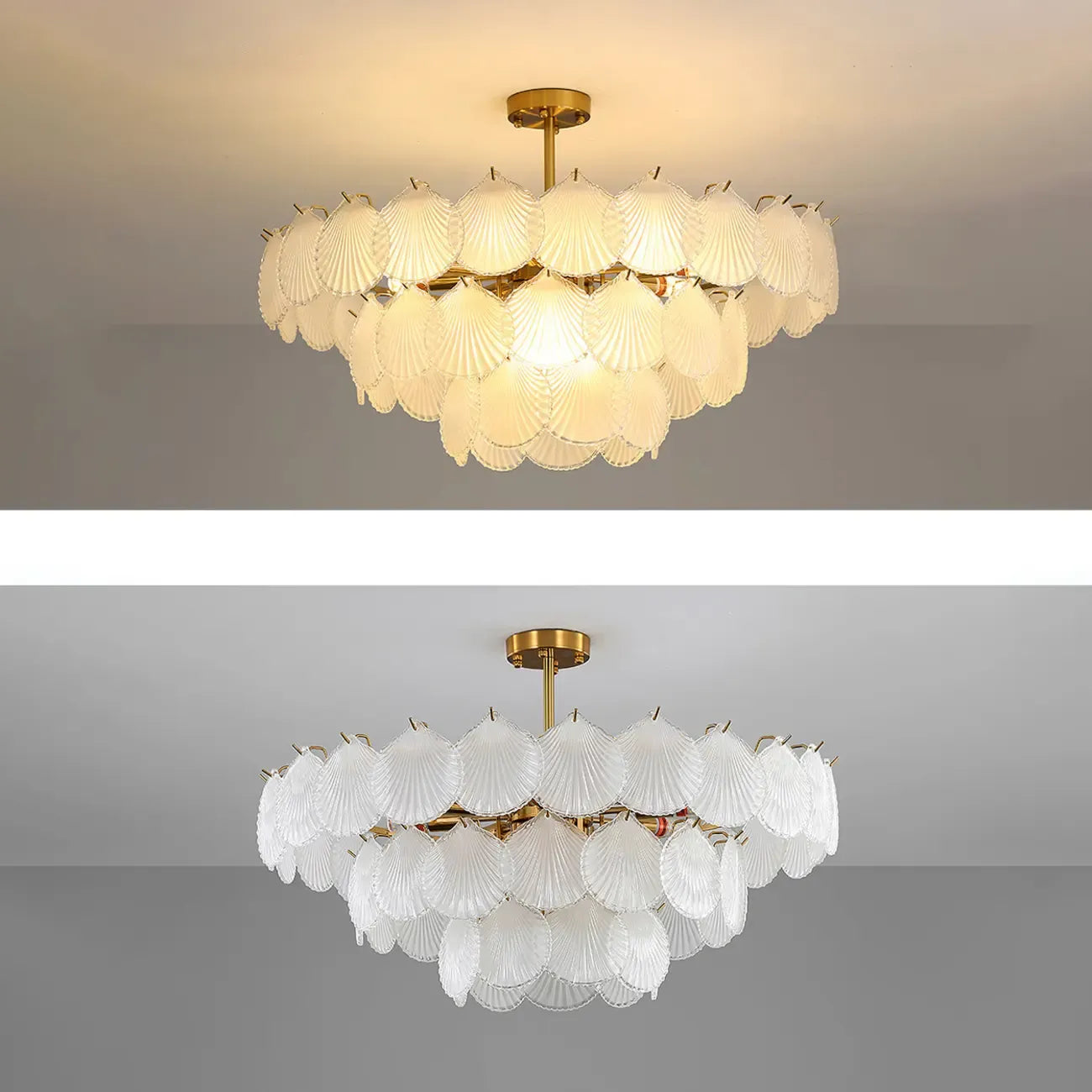 Adjustable Elegant Gold Unique Layered Scallop Glass Chandelier