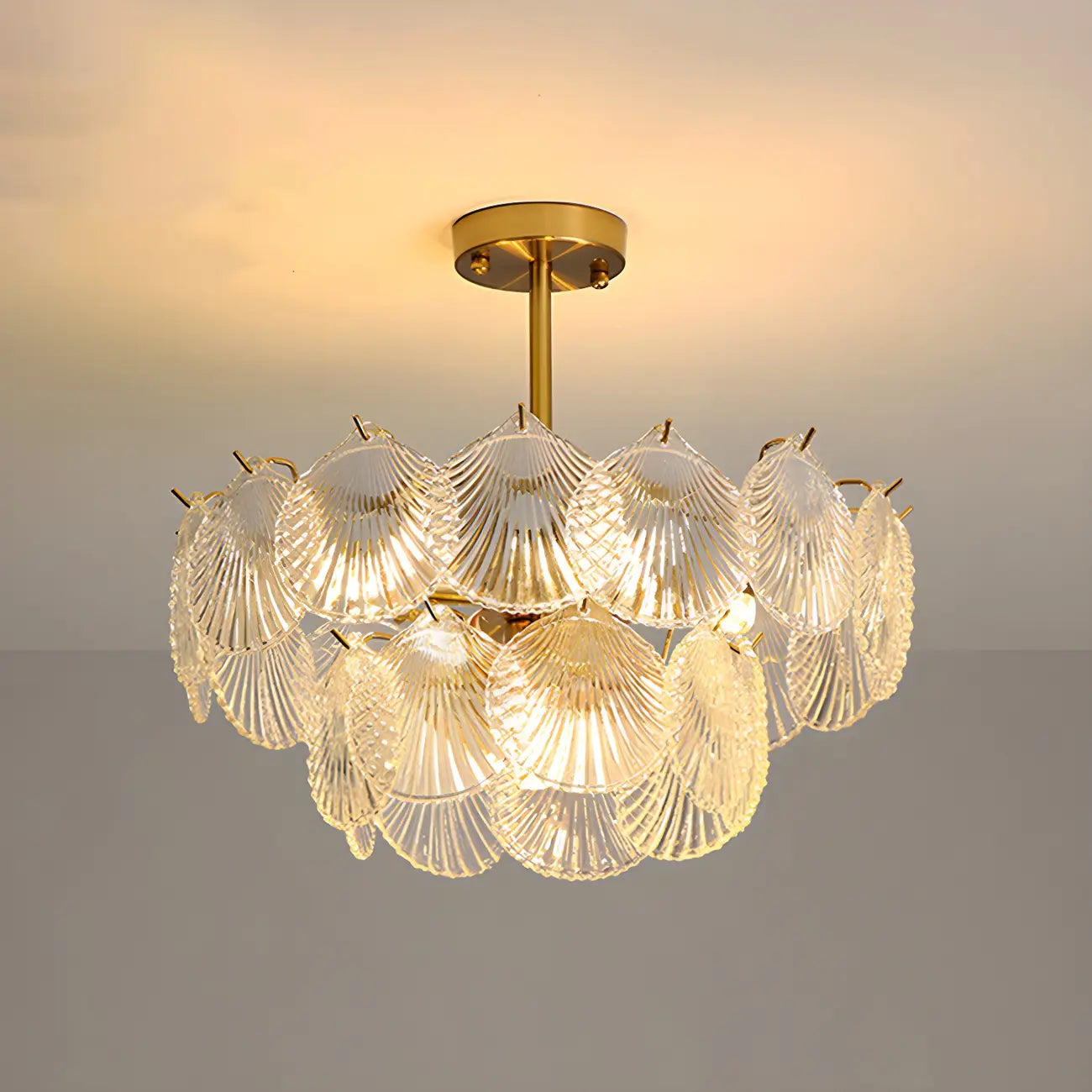 Adjustable Elegant Gold Unique Layered Scallop Glass Chandelier