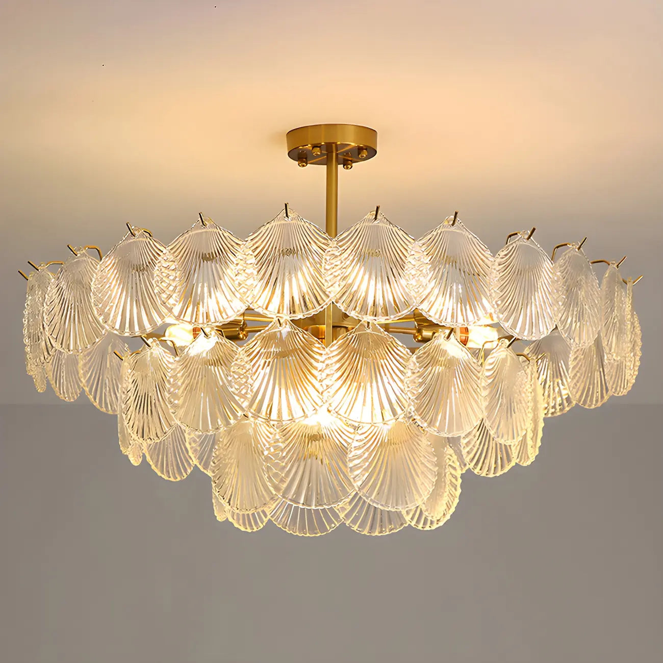 Adjustable Elegant Gold Unique Layered Scallop Glass Chandelier