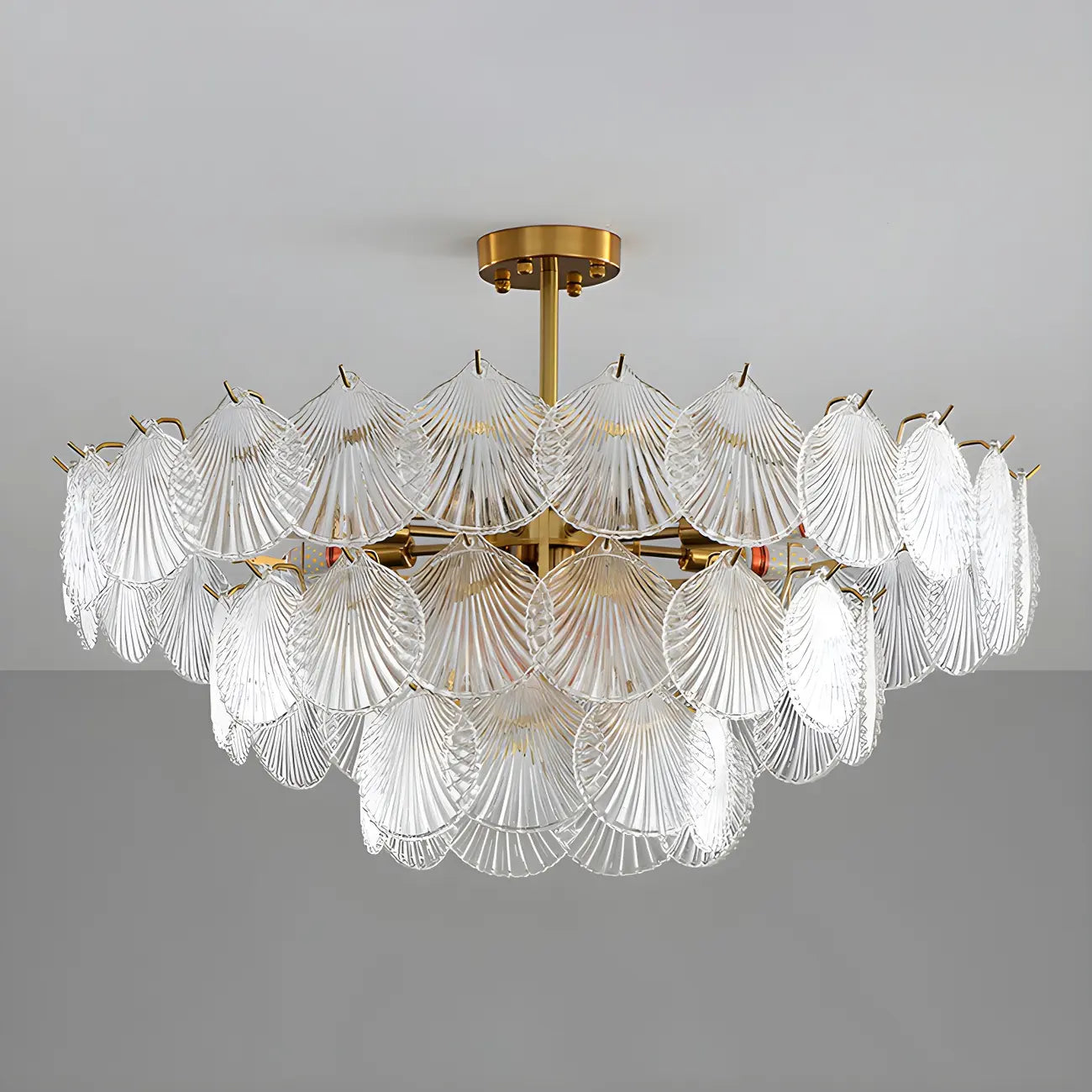 Adjustable Elegant Gold Unique Layered Scallop Glass Chandelier
