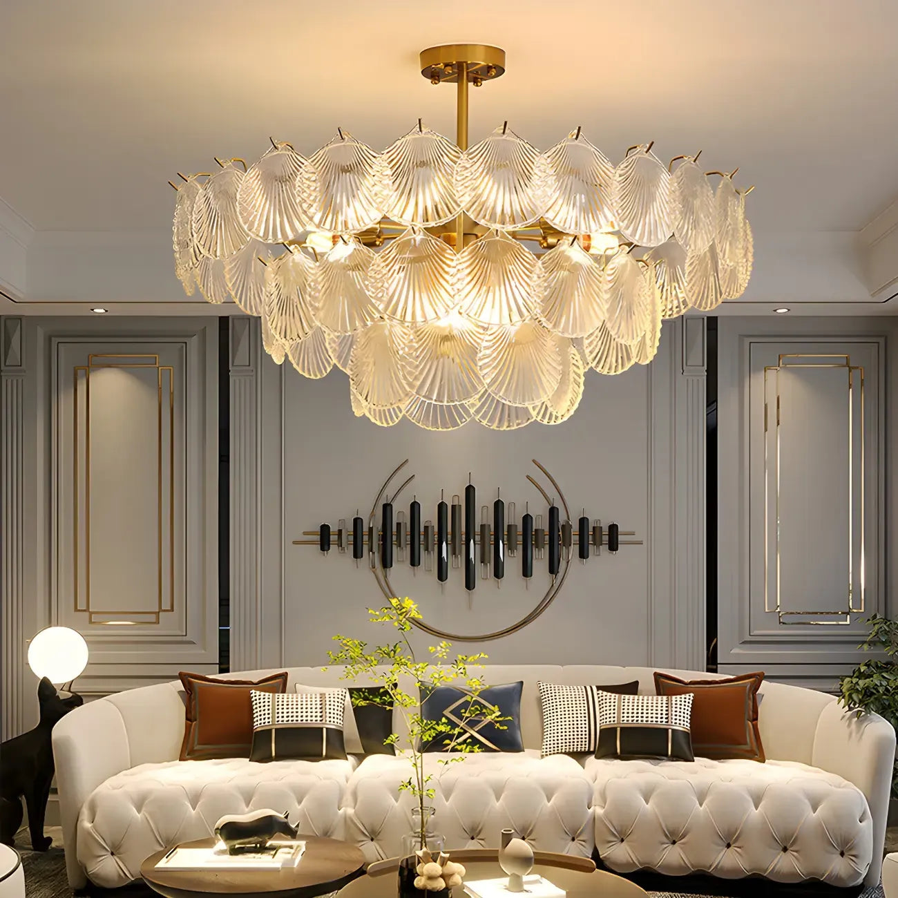 Adjustable Elegant Gold Unique Layered Scallop Glass Chandelier