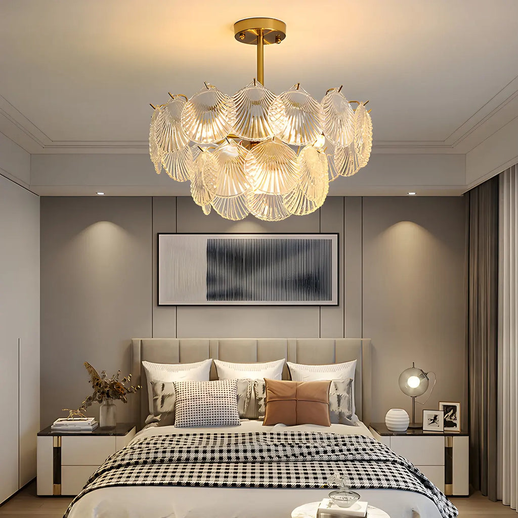Adjustable Elegant Gold Unique Layered Scallop Glass Chandelier