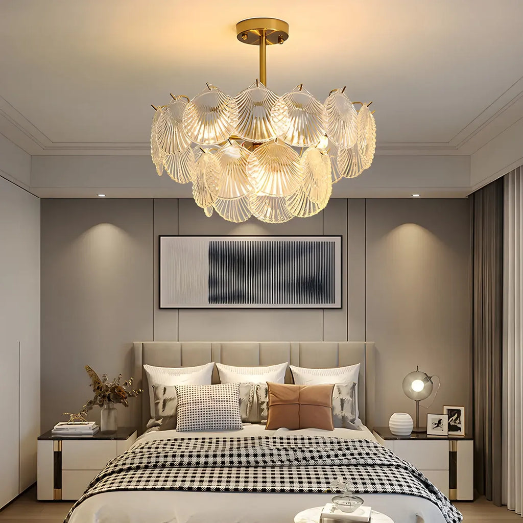 Adjustable Elegant Gold Unique Layered Scallop Glass Chandelier